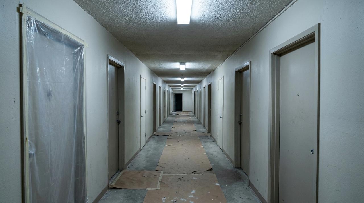 Empty apartment interior with plastic sheeting draped over doorways and floor protection down