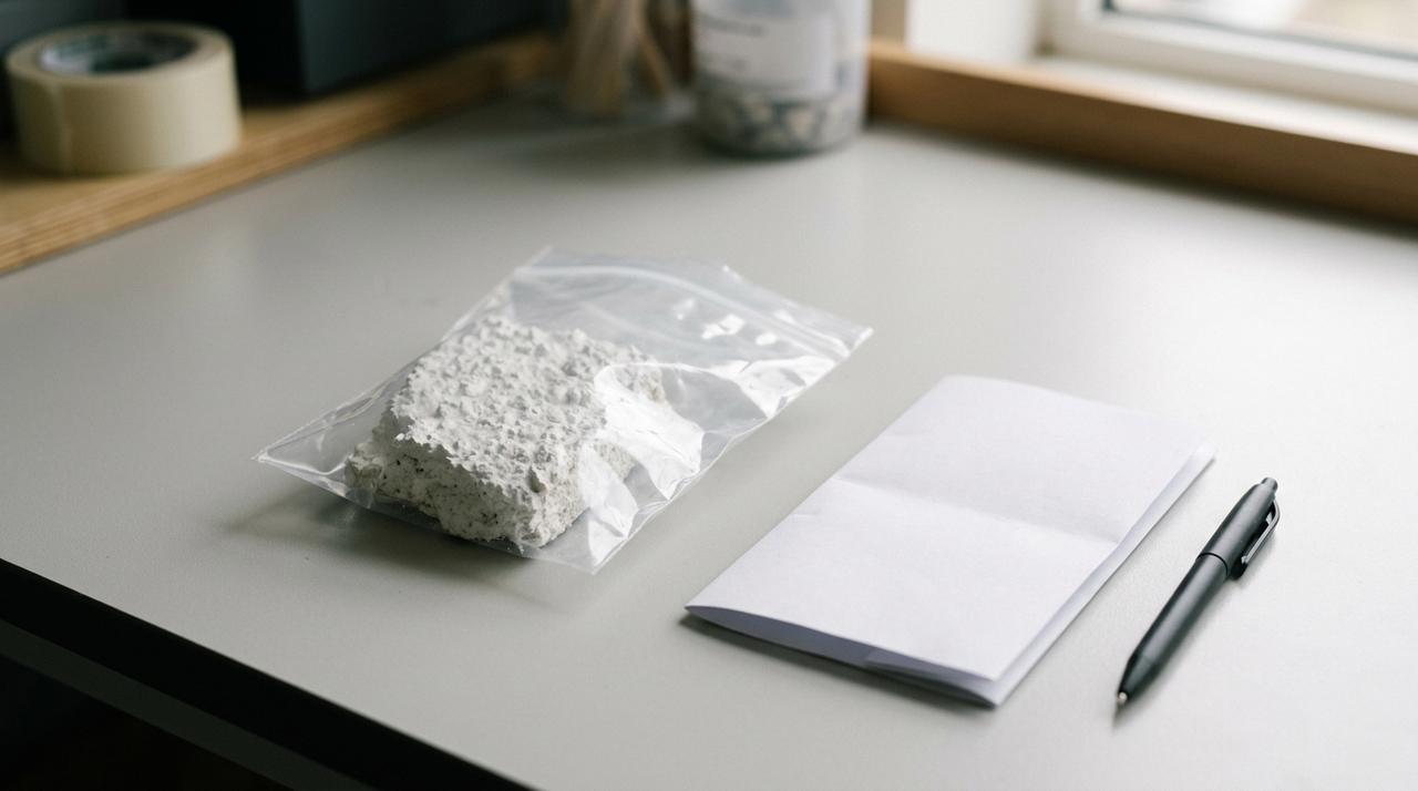 Small labelled specimen bag holding a ceiling texture sample on a work surface