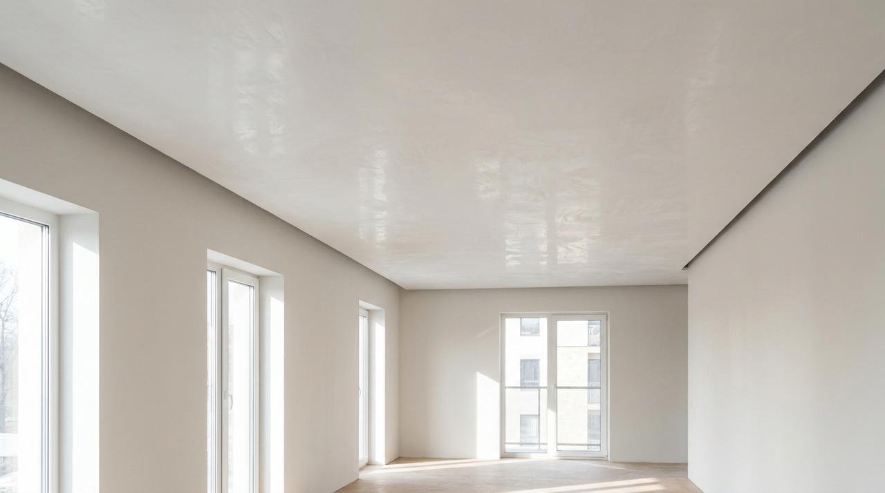 Freshly skim-coated smooth white ceiling plane in an empty sunlit room