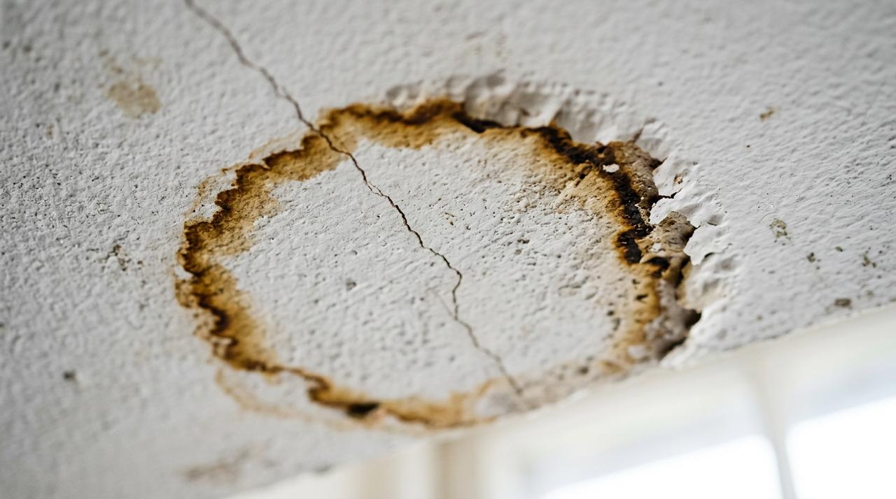 Brown water stain ring spreading across a white textured ceiling near a corner